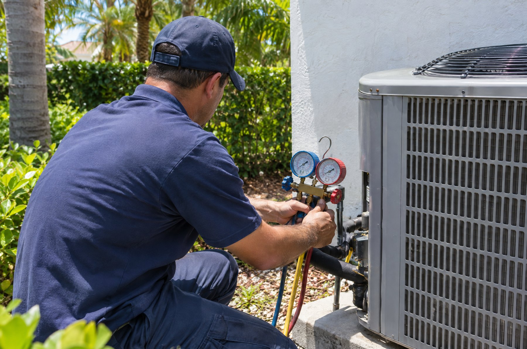 An HVAC technician checking refrigerant gauges at an outdoor condenser