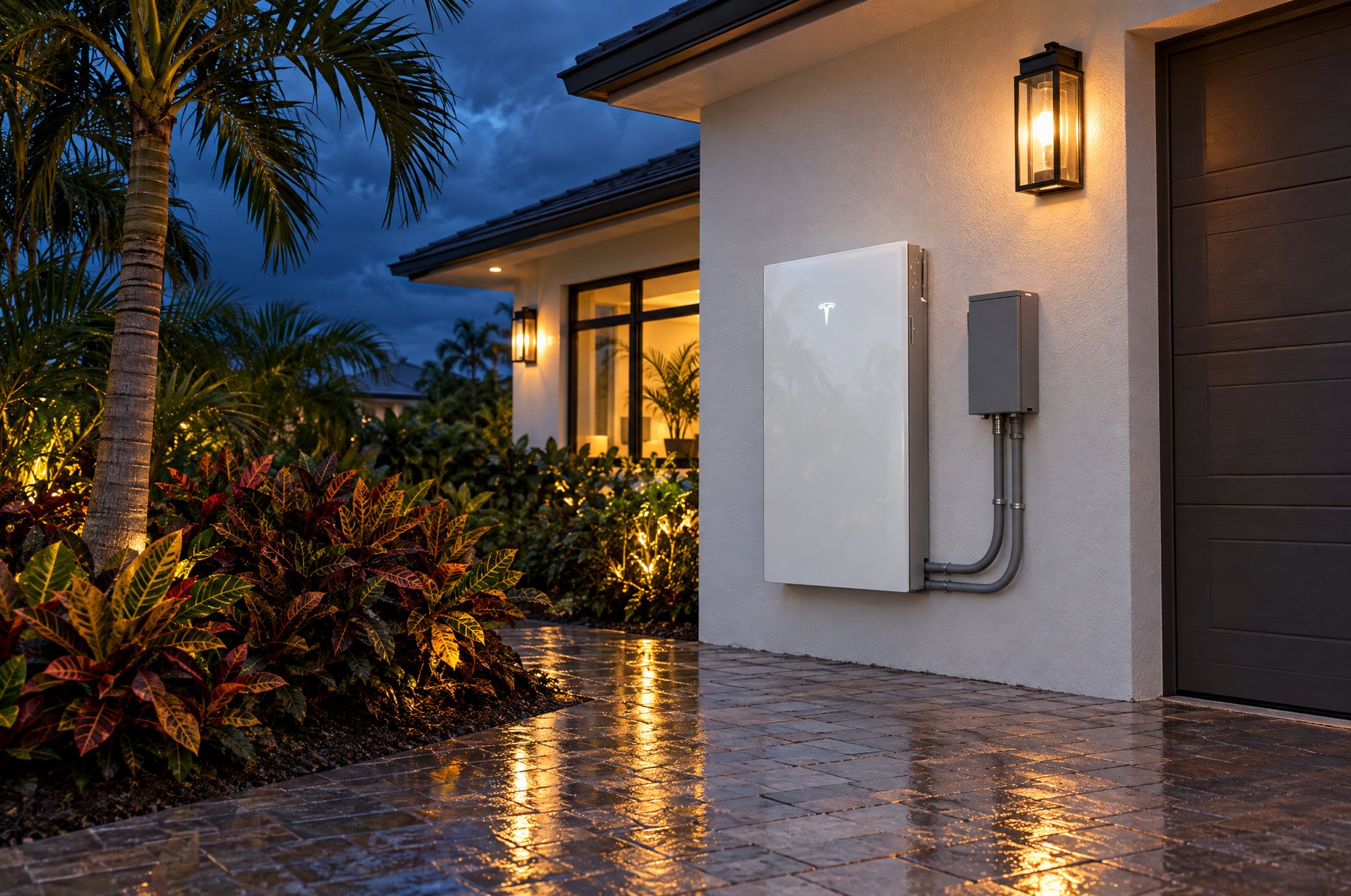 A home battery mounted beside a garage at dusk after rain