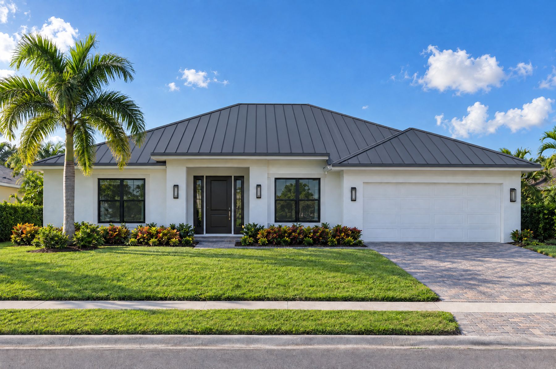 A white Florida home with a charcoal standing seam metal roof