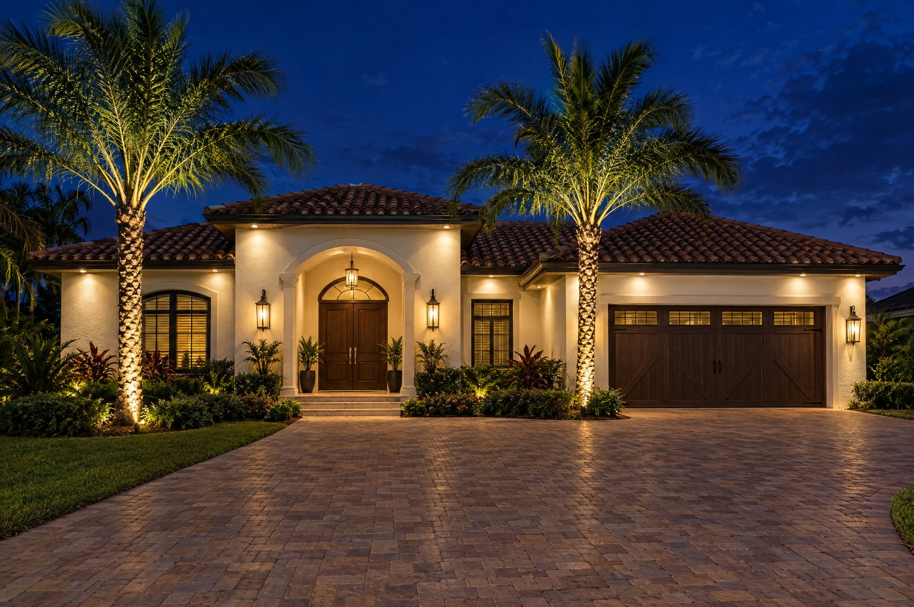 A Florida home at night with its entry and landscape lights on