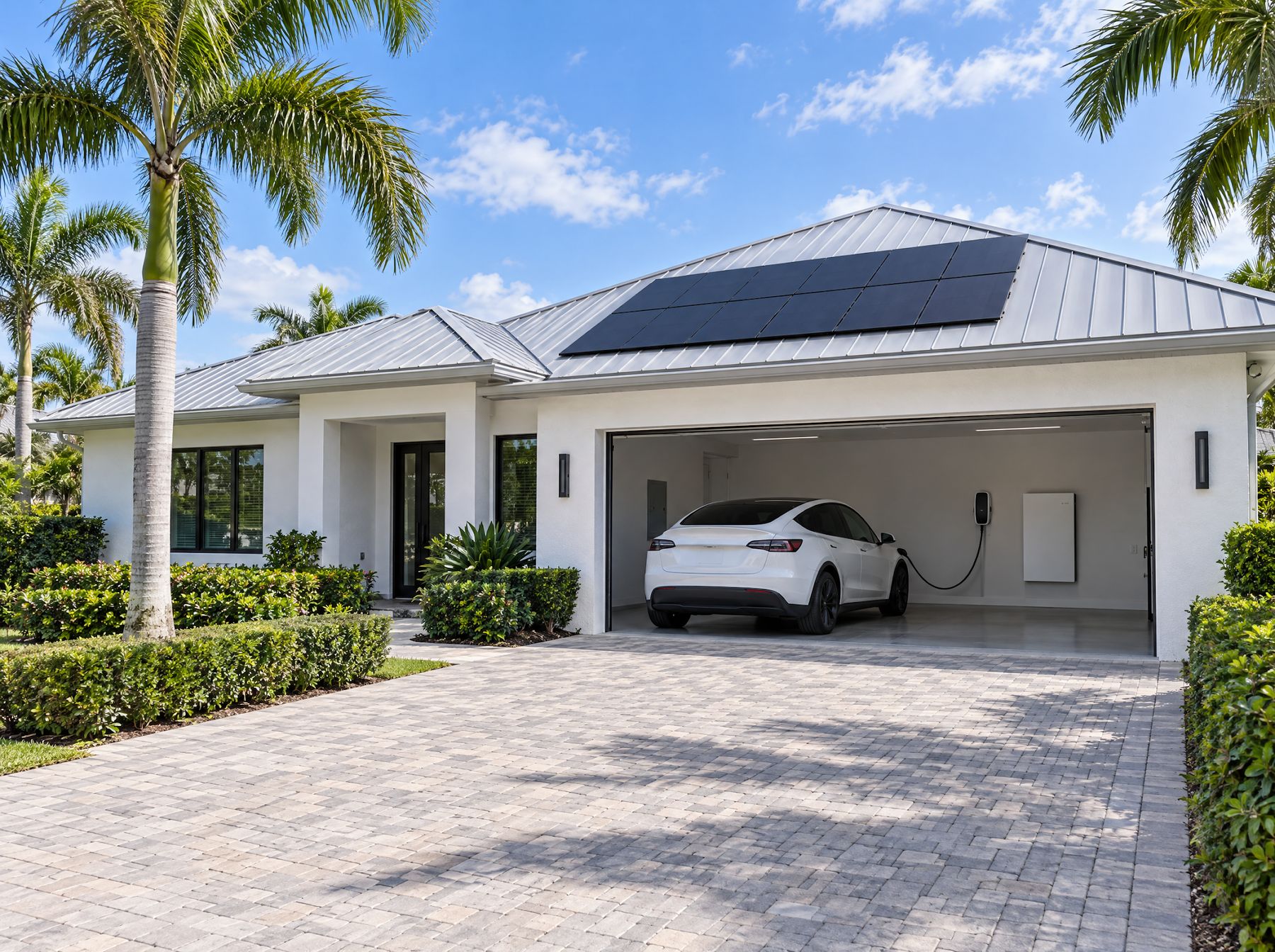 A white Florida home with solar panels on its metal roof and an electric car charging in the open garage beside a wall-mounted home battery